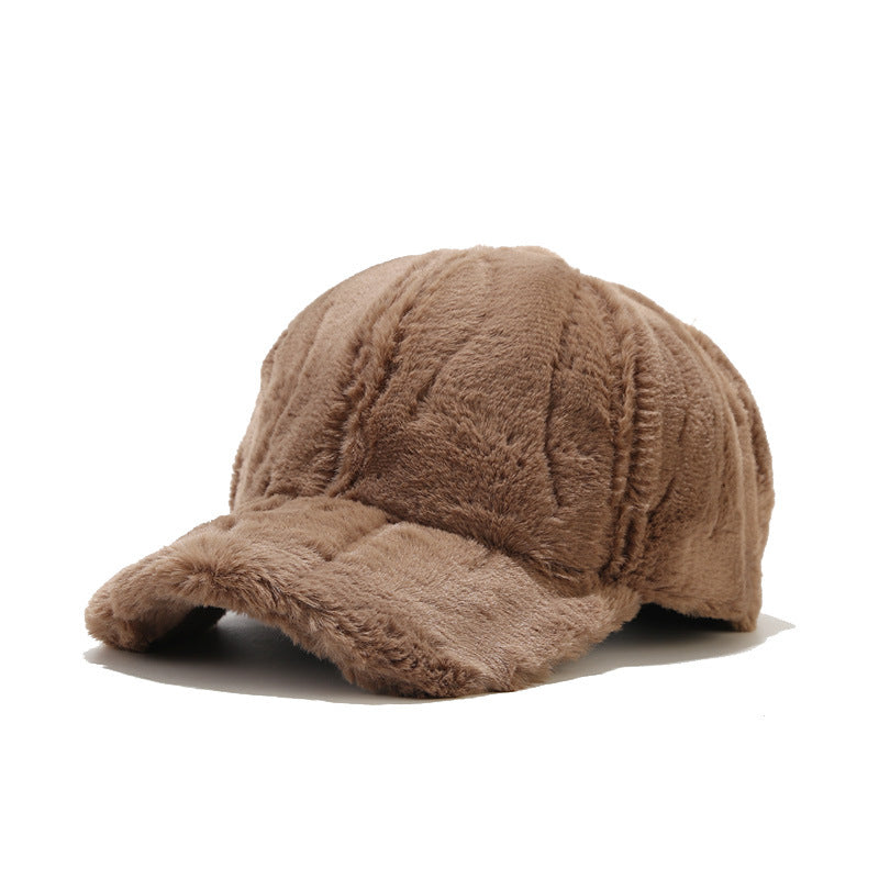 Women's autumn and winter outdoor thick plush baseball cap casual solid color warm rabbit fur duckbill cap winter men