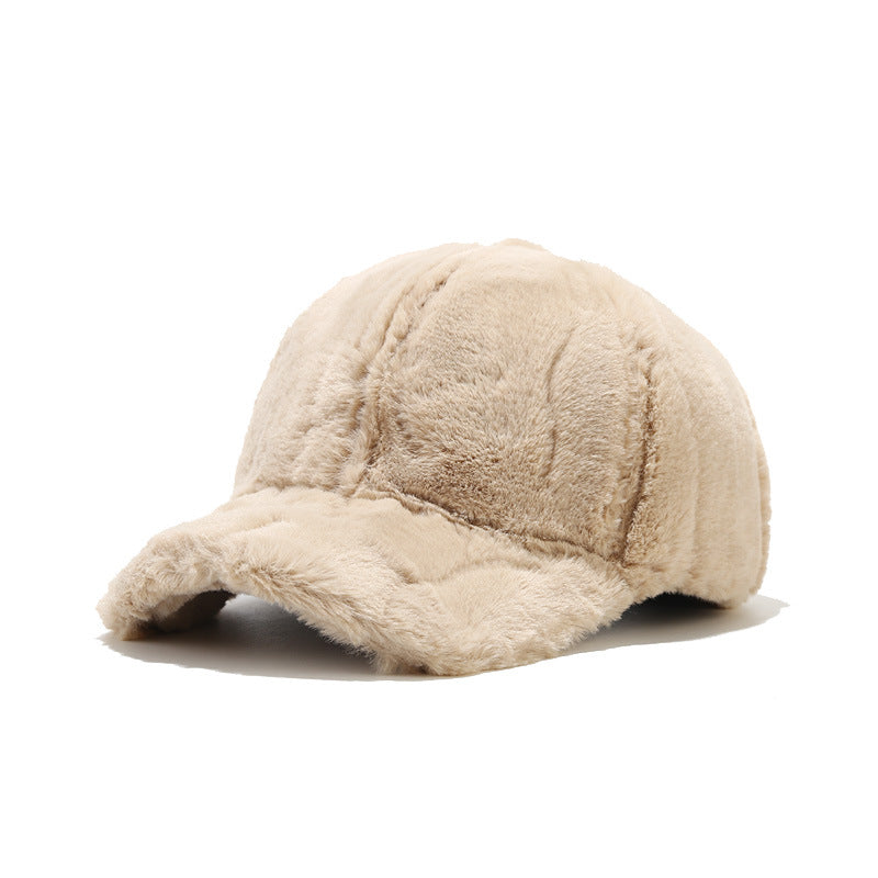 Women's autumn and winter outdoor thick plush baseball cap casual solid color warm rabbit fur duckbill cap winter men